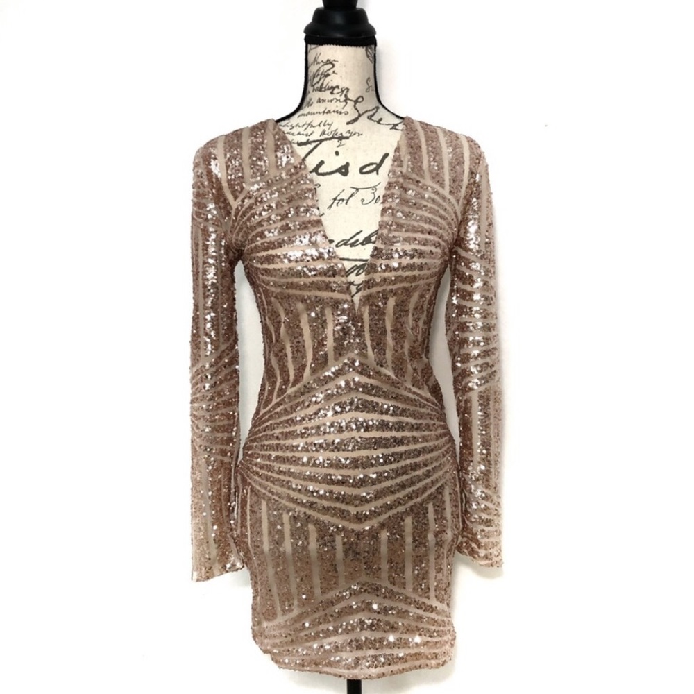 NWT Banjul Long Sleeve Midi Deep V Neck Sequins Bling Dress S
